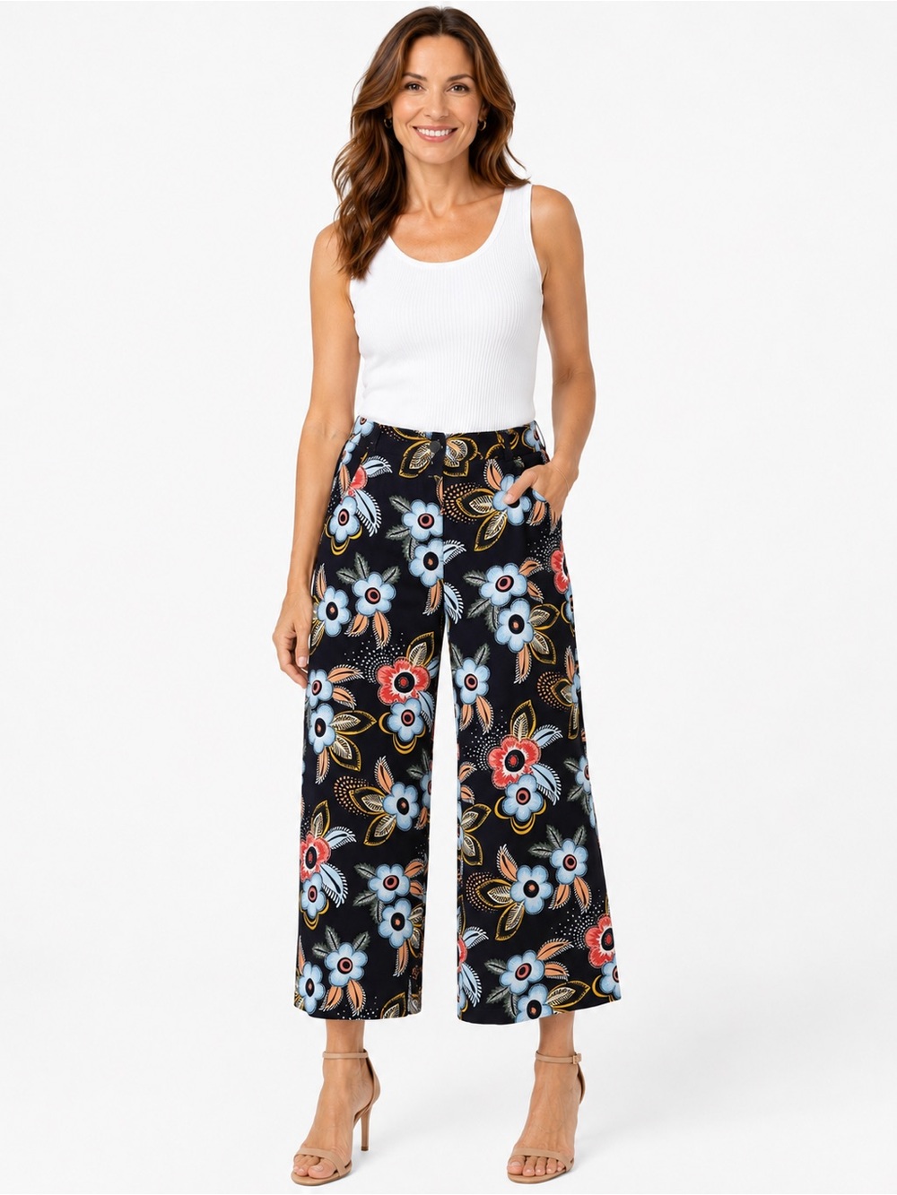 Wide Leg Floral Crop Pants - Navy with Blue & Coral Flowers - 0812